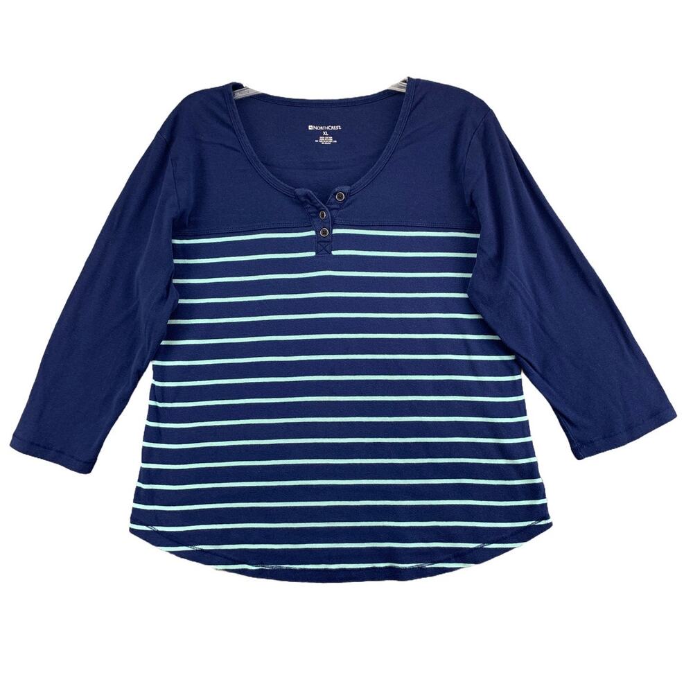 NorthCrest Women's Size XL Henley Top Blue Striped Long Sleeve Shirt Pullover